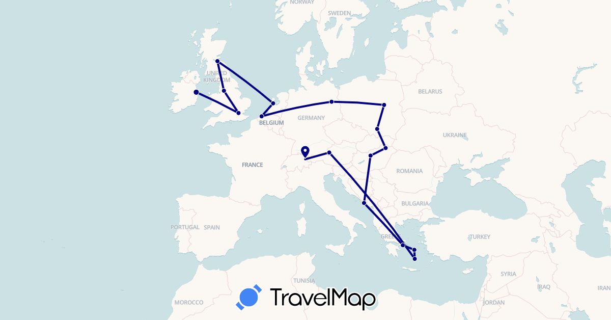 TravelMap itinerary: driving in Austria, Belgium, Germany, United Kingdom, Greece, Croatia, Hungary, Ireland, Liechtenstein, Netherlands, Poland (Europe)